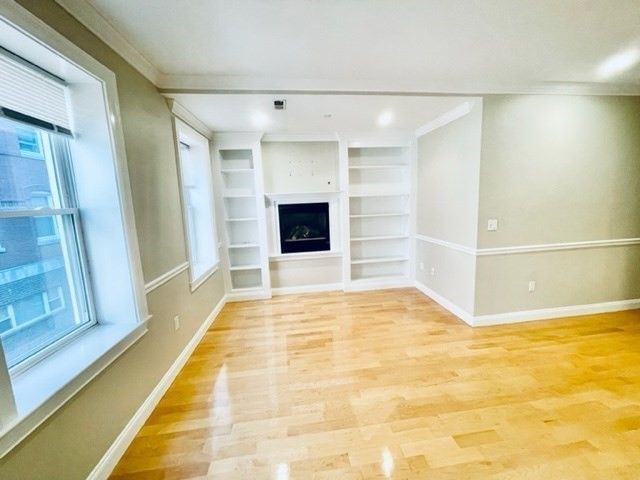 Empty room, Fireplace, Interior, Recessed Lighting, Wood Texture Flooring