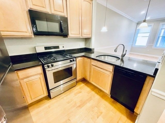 Interior, Kitchen, Pendant Lights, Recessed Lighting, Stainless Steel Appliances, Wood Texture Flooring