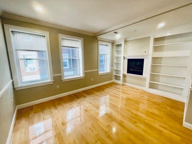 Empty room, Fireplace, Interior, Recessed Lighting, Wood Texture Flooring