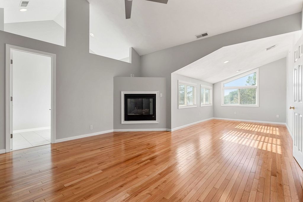Empty room, Fireplace, Interior, Recessed Lighting, Wood Texture Flooring