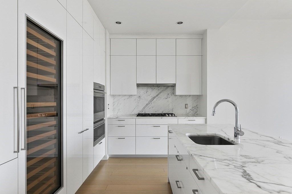 Interior, Kitchen, Marble Walls, Recessed Lighting, Wood Texture Flooring