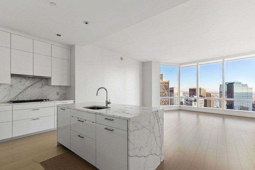 Interior, Kitchen, Marble Walls, Recessed Lighting, Wood Texture Flooring
