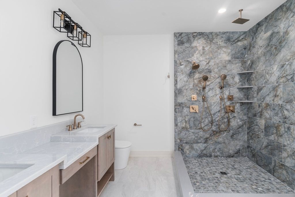 Bathroom, Dual Sink Vanities, Interior, Marble Walls, Recessed Lighting