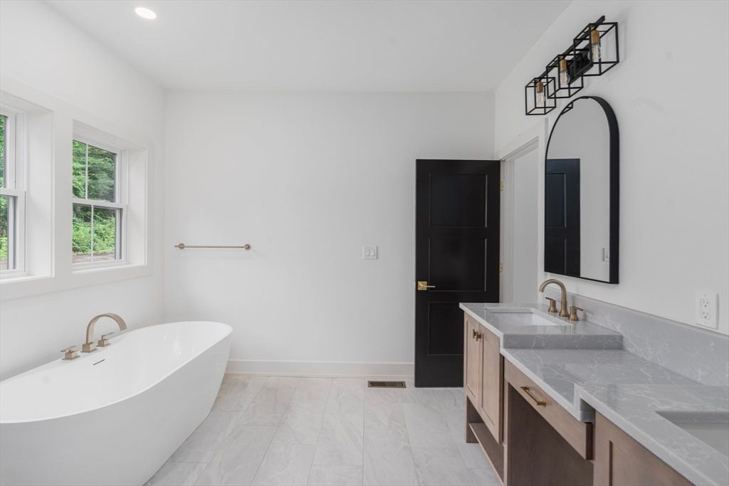 Bathroom, Dual Sink Vanities, Free Standing Baths, Interior, Marble, Recessed Lighting