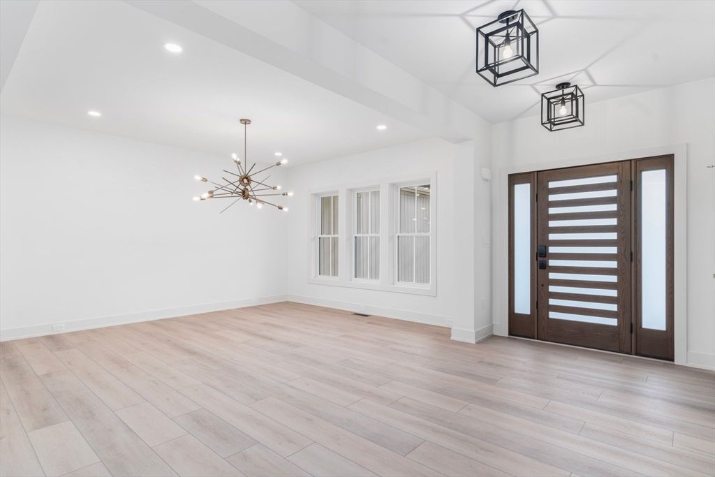 Empty room, Interior, Pendant Lights, Recessed Lighting, Wood Texture Flooring