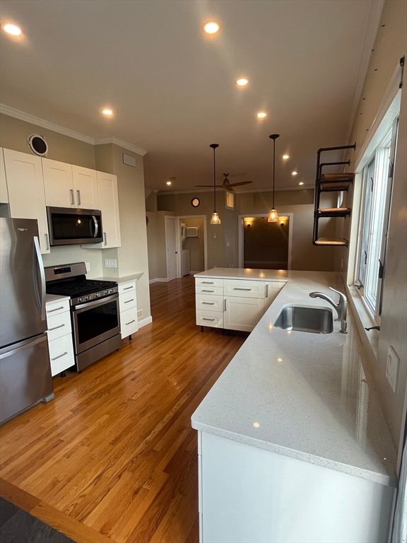 Interior, Kitchen, Pendant Lights, Recessed Lighting, Stainless Steel Appliances, Wood Texture Flooring
