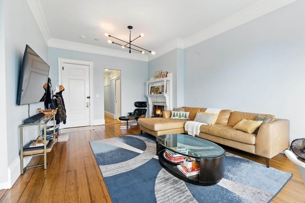 Fireplace, Interior, Living room, Pendant Lights, Wood Texture Flooring