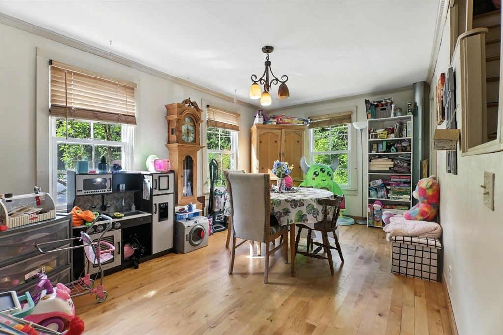 Dining room, Interior, Pendant Lights, Wood Texture Flooring