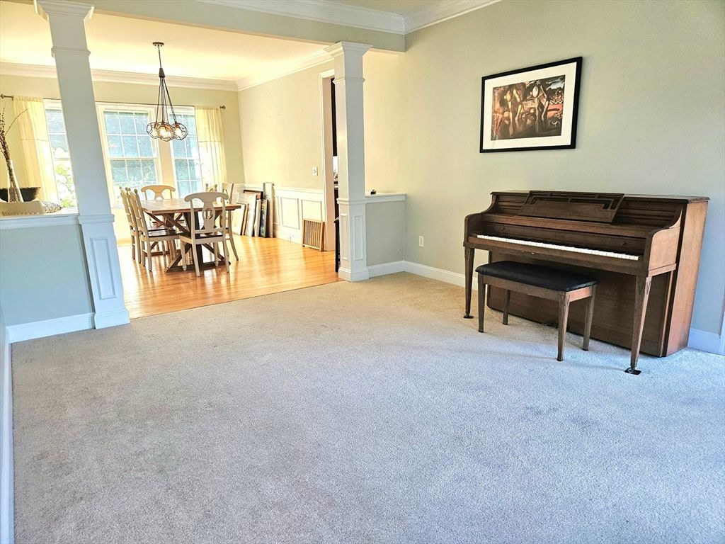 Dining room, Interior, Pendant Lights, Piano, Wood Texture Flooring