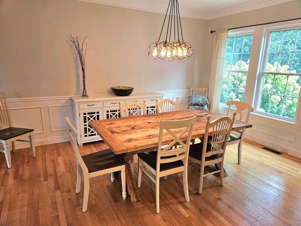 Dining room, Interior, Pendant Lights, Wood Texture Flooring