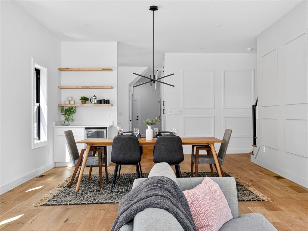 Dining room, Interior, Pendant Lights, Wood Texture Flooring