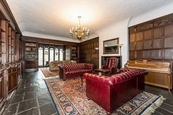 Chandelier, Fireplace, Interior, Living room, Wooden Walls