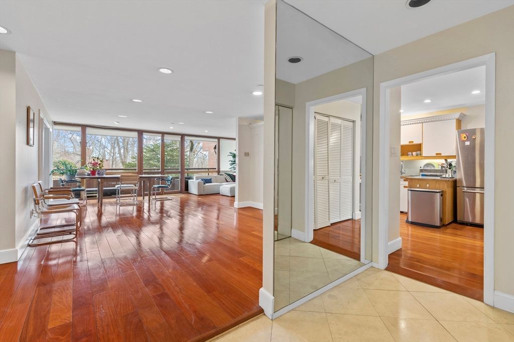 Dining room, Interior, Kitchen, Living room, Recessed Lighting, Stainless Steel Appliances, Wood Texture Flooring
