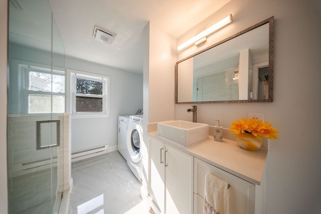 Bathroom, Dual Sink Vanities, Glass Shower, Interior, Washer