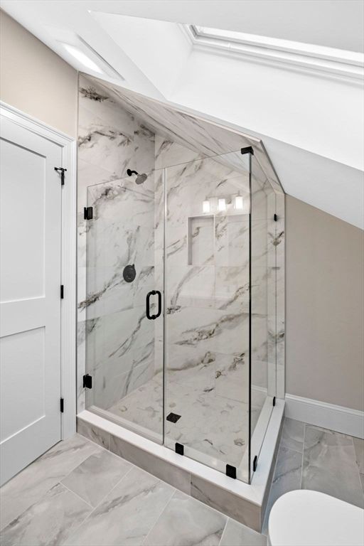 Bathroom, Glass Shower, Interior, Marble, Marble Walls, Recessed Lighting