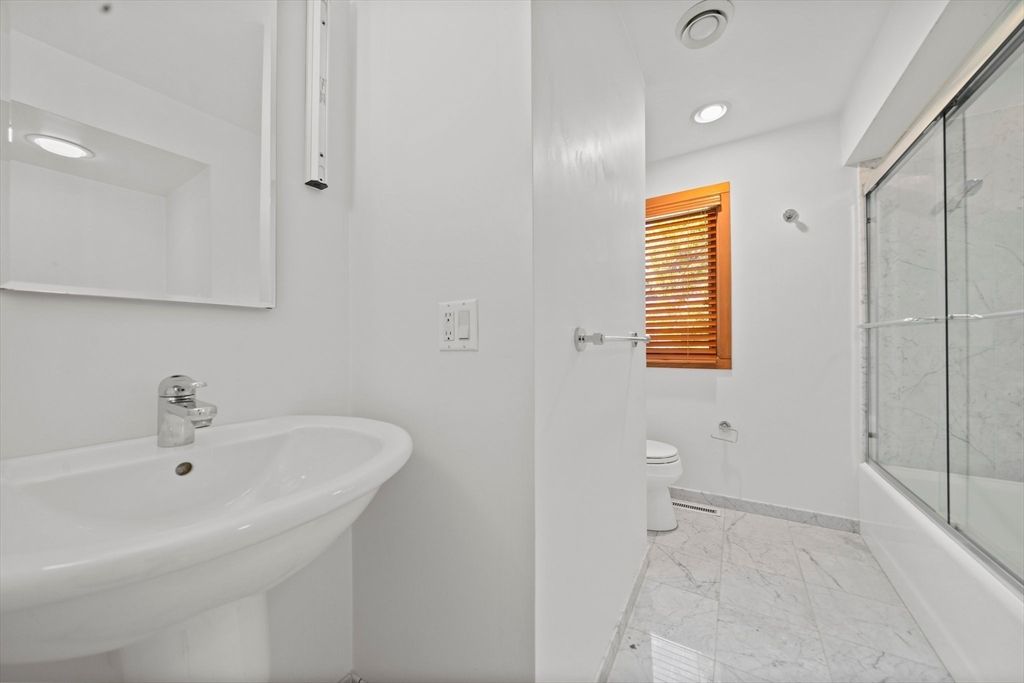 Bathroom, Glass Shower, Interior, Marble, Marble Walls, Recessed Lighting