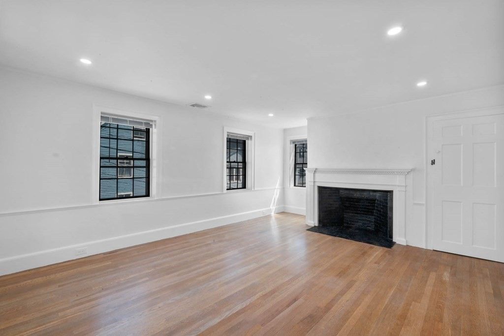 Empty room, Fireplace, Interior, Recessed Lighting, Wood Texture Flooring