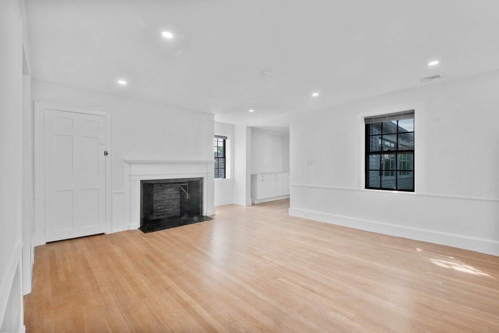 Empty room, Fireplace, Interior, Recessed Lighting, Wood Texture Flooring