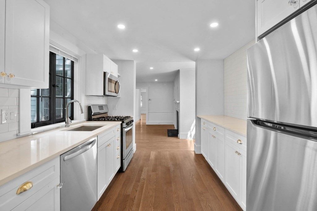 Interior, Kitchen, Recessed Lighting, Stainless Steel Appliances, Wood Texture Flooring