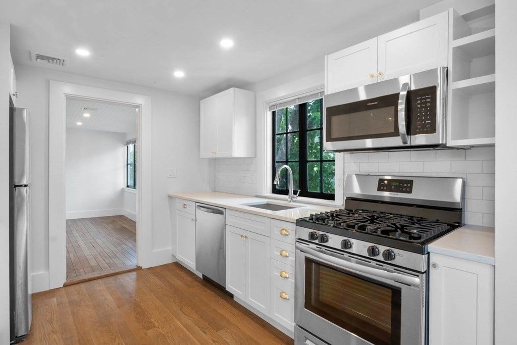 Interior, Kitchen, Recessed Lighting, Stainless Steel Appliances, Wood Texture Flooring