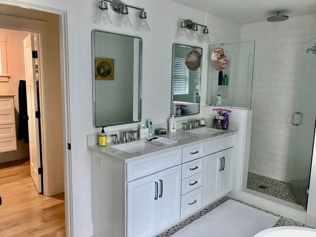 Bathroom, Dual Sink Vanities, Glass Shower, Interior, Wood Texture Flooring