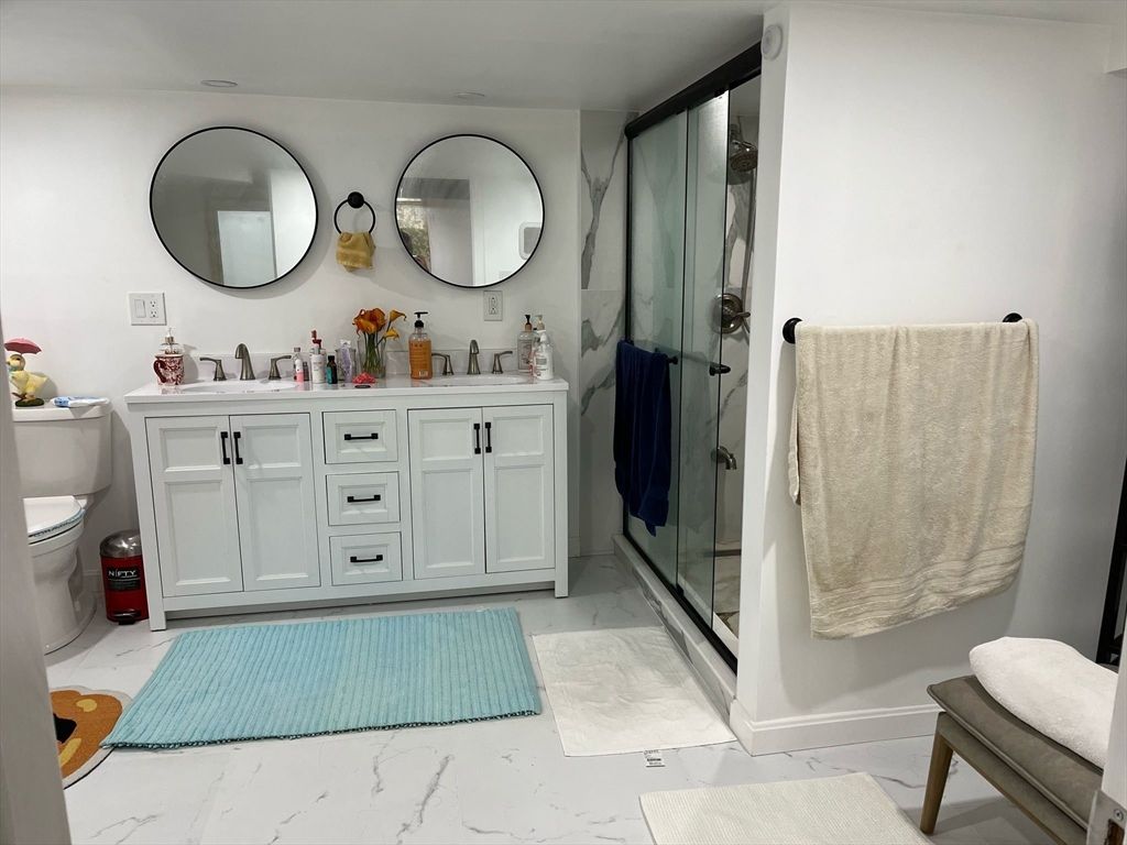 Bathroom, Dual Sink Vanities, Glass Shower, Interior, Marble