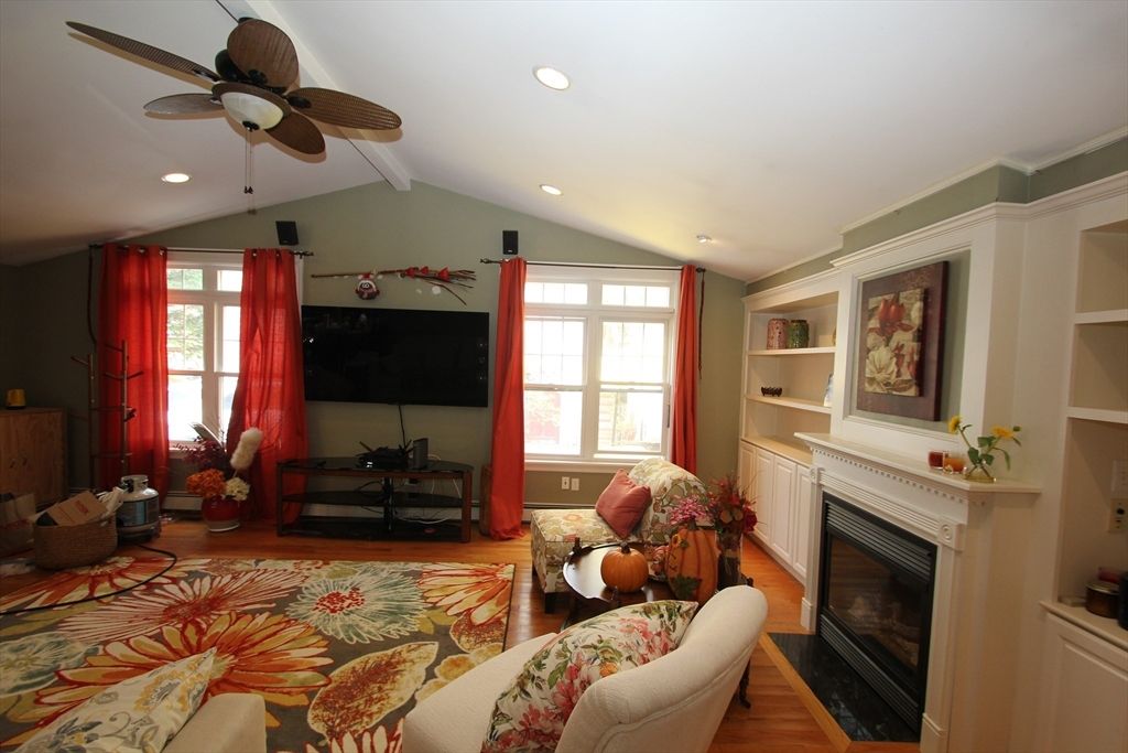 Fireplace, Interior, Living room, Recessed Lighting, Wood Texture Flooring