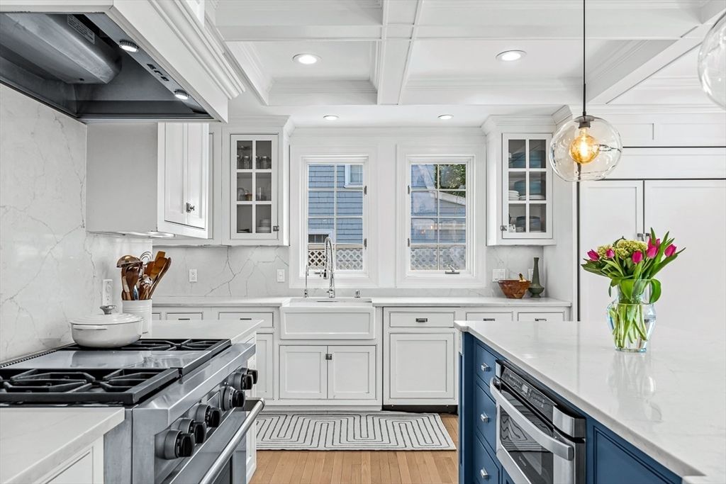 Interior, Kitchen, Marble Walls, Pendant Lights, Recessed Lighting, Stainless Steel Appliances, Wood Texture Flooring