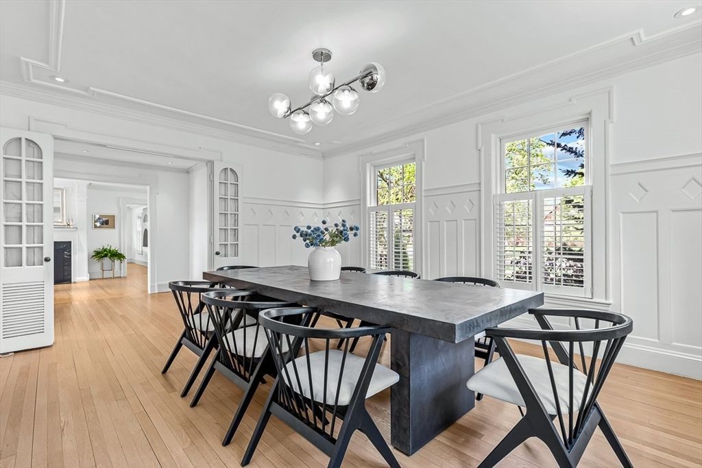 Dining room, Interior, Pendant Lights, Wood Texture Flooring
