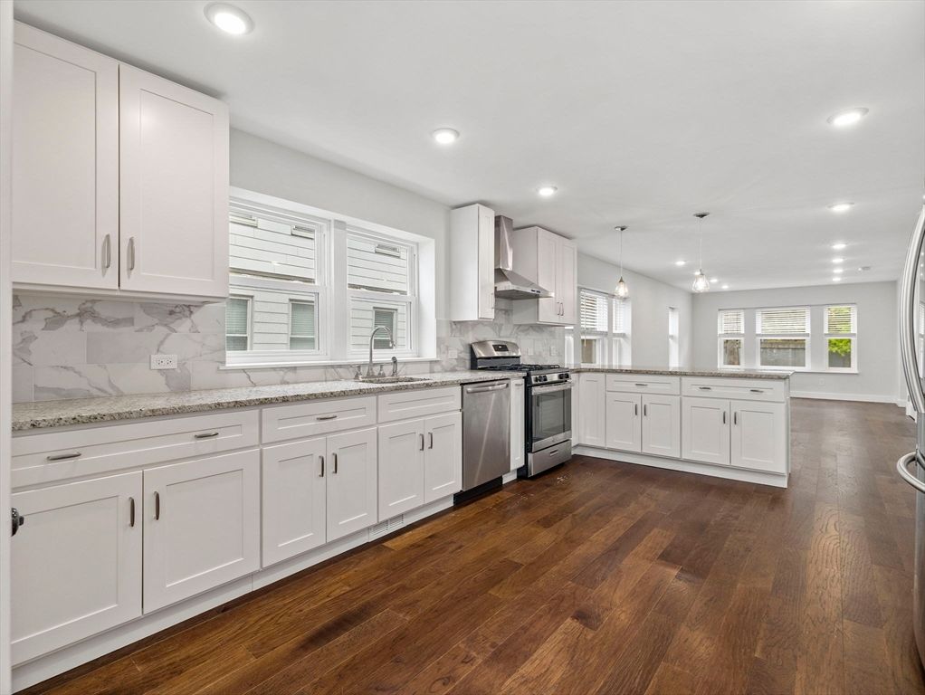 Interior, Kitchen, Pendant Lights, Recessed Lighting, Stainless Steel Appliances, Wood Texture Flooring