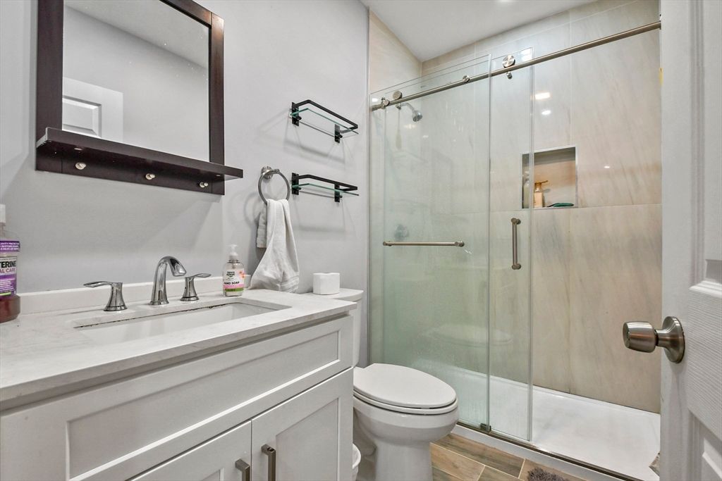 Bathroom, Glass Shower, Interior, Wood Texture Flooring