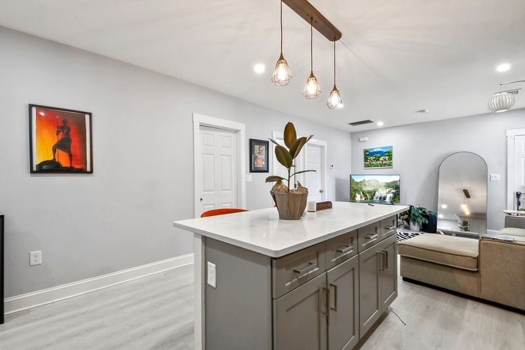Interior, Kitchen, Pendant Lights, Recessed Lighting, Wood Texture Flooring