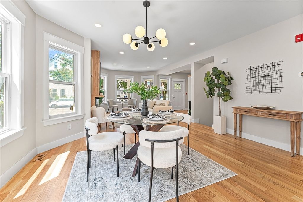 Dining room, Interior, Pendant Lights, Recessed Lighting, Wood Texture Flooring