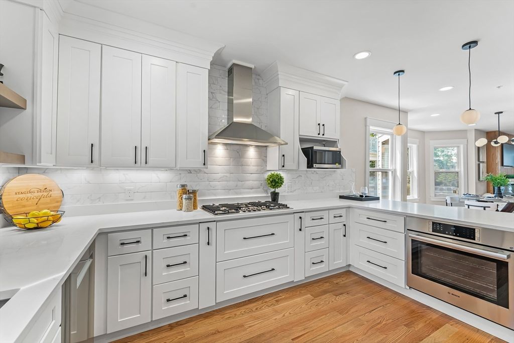 Interior, Kitchen, Pendant Lights, Recessed Lighting, Stainless Steel Appliances, Wood Texture Flooring