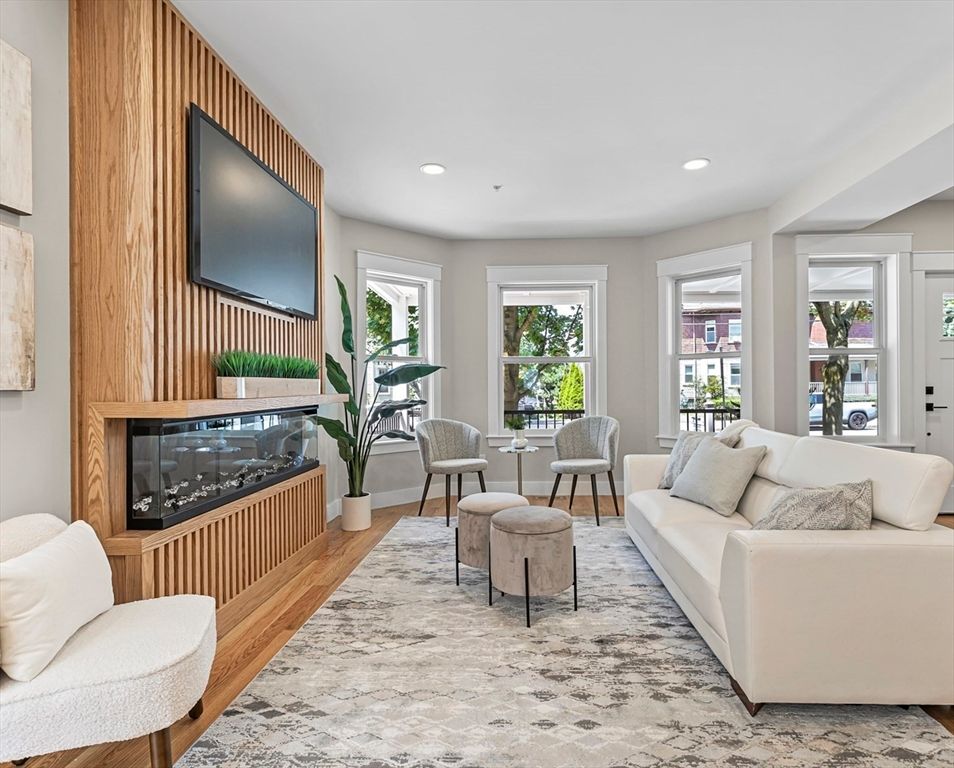 Fireplace, Interior, Living room, Recessed Lighting, Wood Texture Flooring