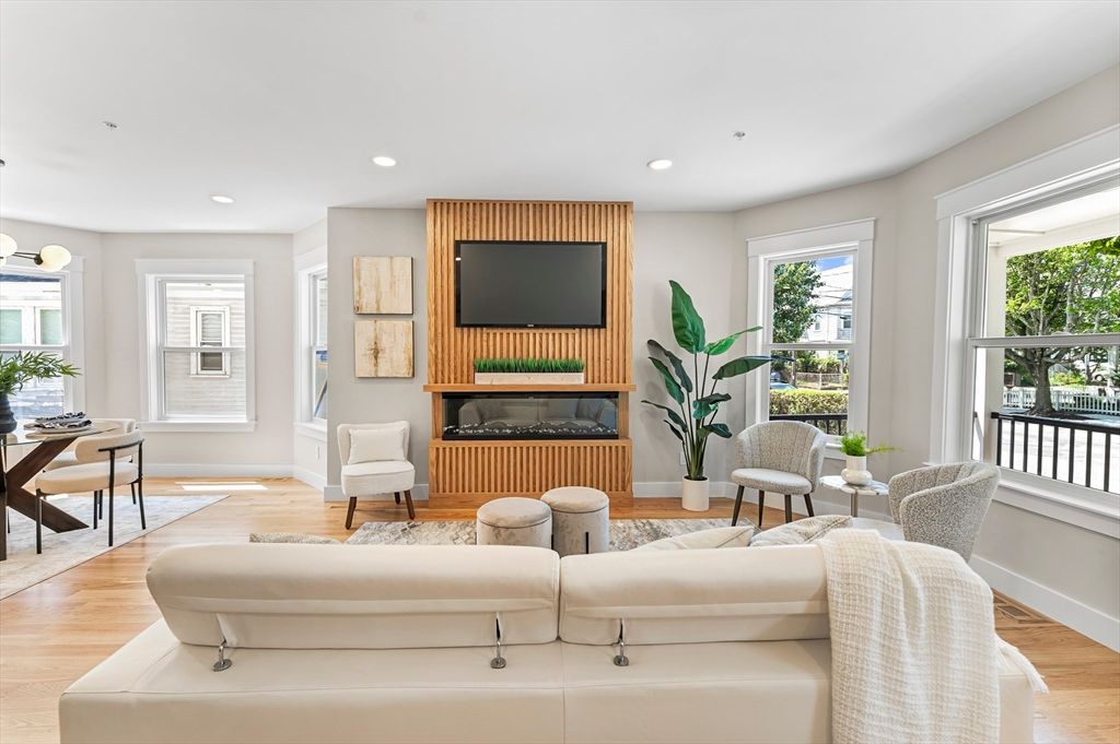 Fireplace, Interior, Living room, Recessed Lighting, Wood Texture Flooring