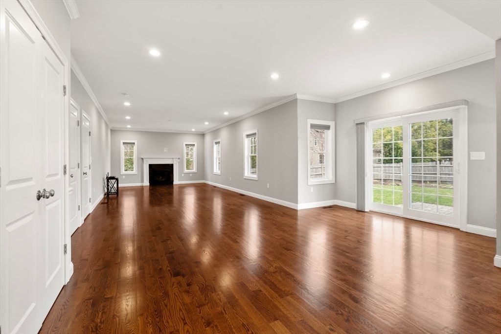 Empty room, Fireplace, Interior, Recessed Lighting, Wood Texture Flooring