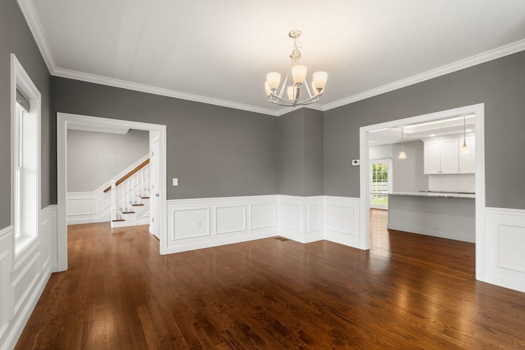 Chandelier, Empty room, Interior, Kitchen, Pendant Lights, Wood Texture Flooring