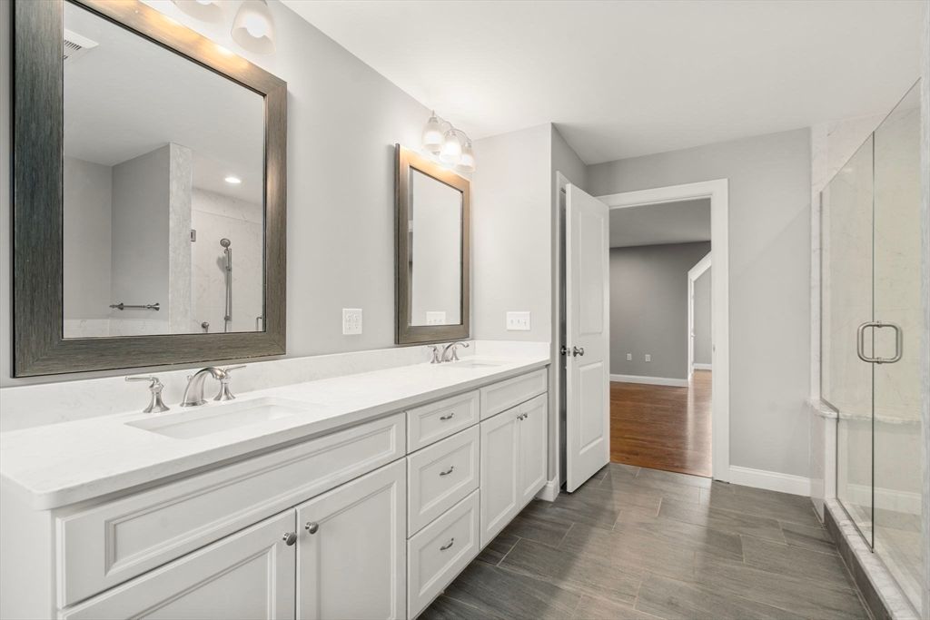 Bathroom, Dual Sink Vanities, Glass Shower, Interior, Wood Texture Flooring