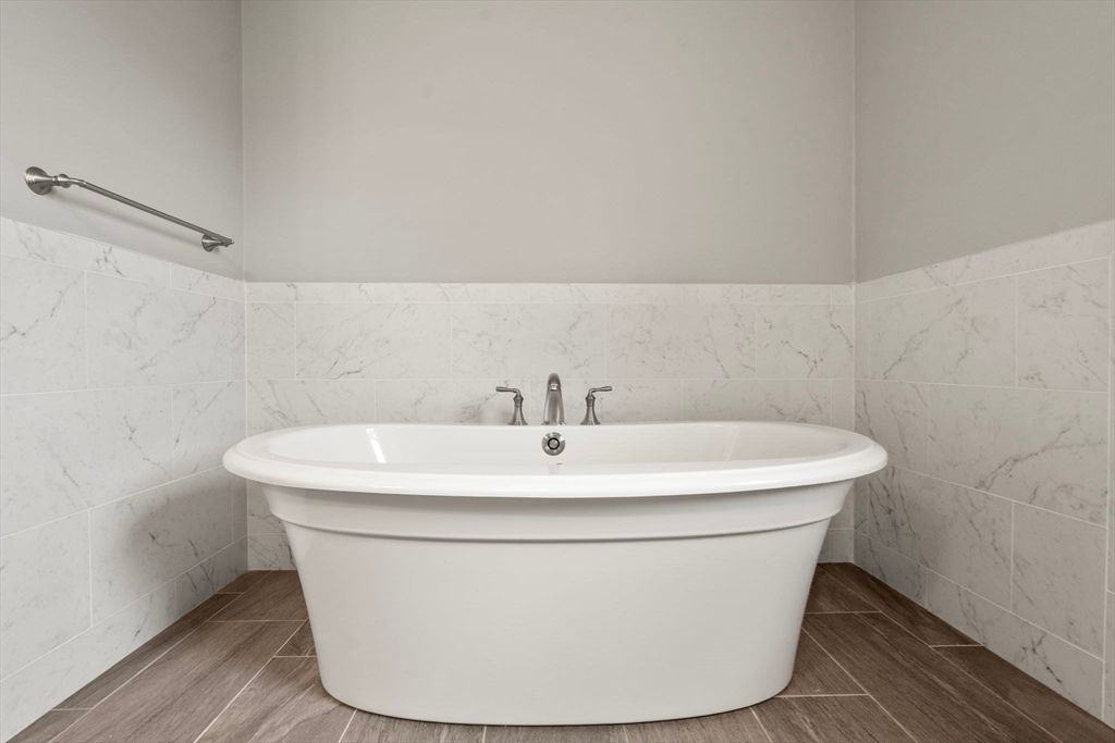 Bathroom, Free Standing Baths, Interior, Marble Walls, Wood Texture Flooring