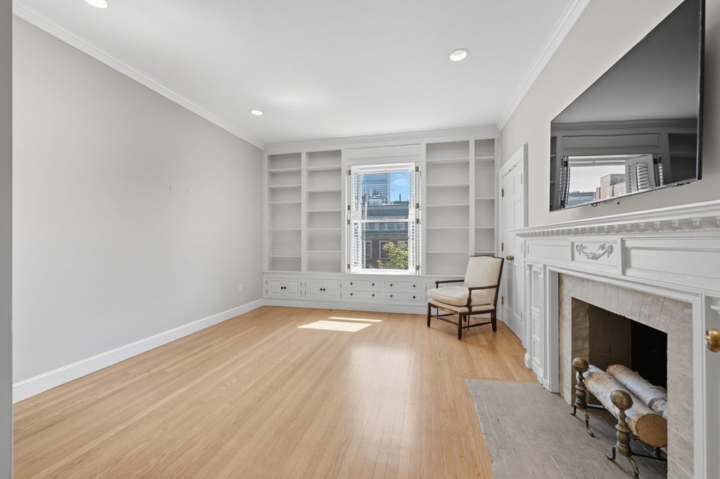 Empty room, Fireplace, Interior, Recessed Lighting, Wood Texture Flooring