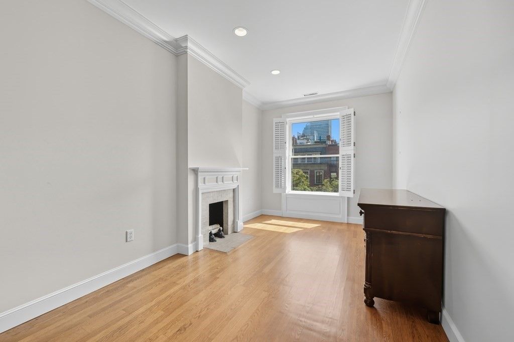 Empty room, Fireplace, Interior, Recessed Lighting, Wood Texture Flooring