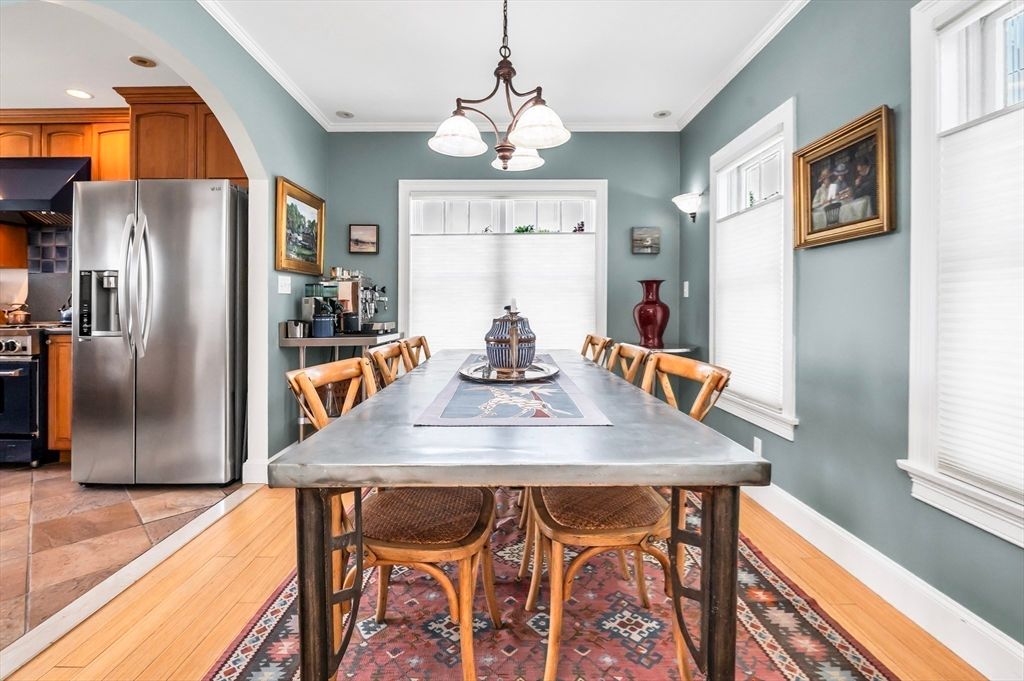 Dining room, Interior, Kitchen, Pendant Lights, Recessed Lighting, Stainless Steel Appliances, Wood Texture Flooring