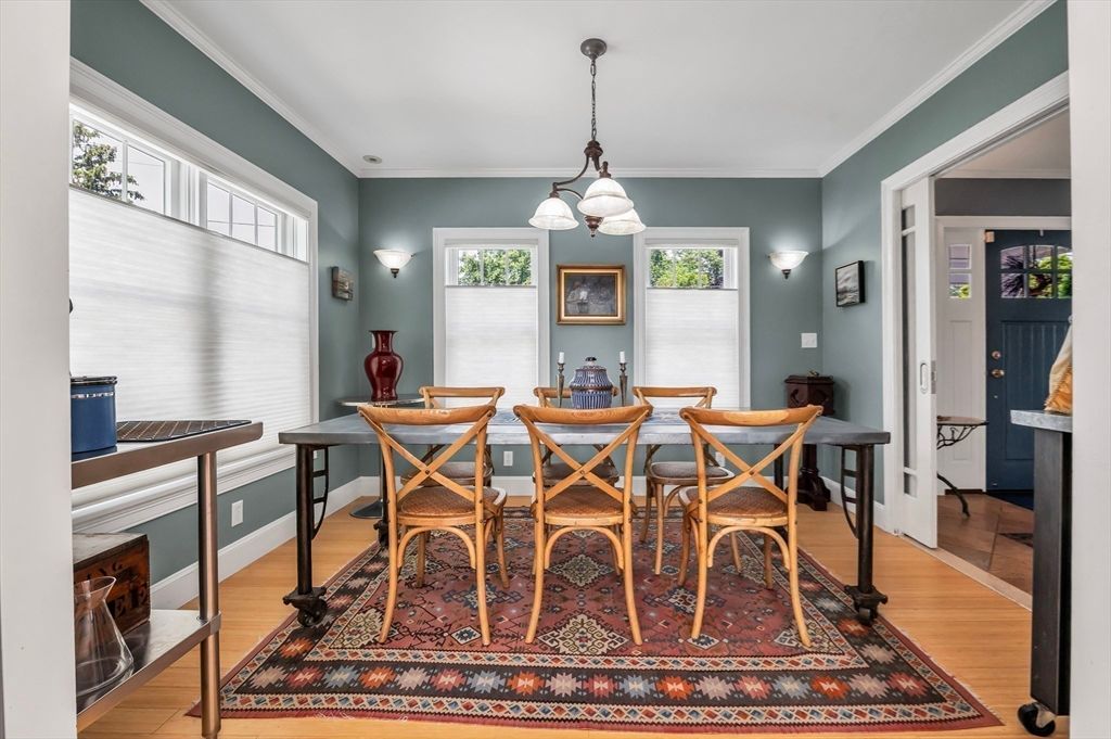 Dining room, Interior, Pendant Lights, Wood Texture Flooring