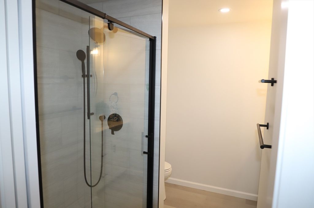Bathroom, Glass Shower, Interior, Recessed Lighting, Wood Texture Flooring