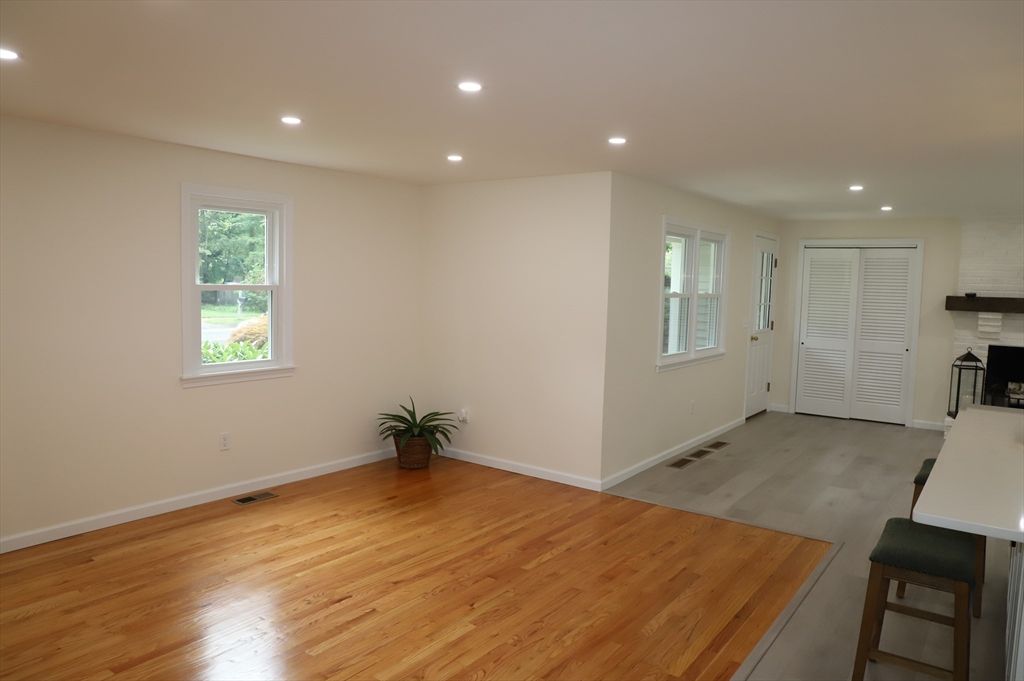 Empty room, Fireplace, Interior, Recessed Lighting, Wood Texture Flooring