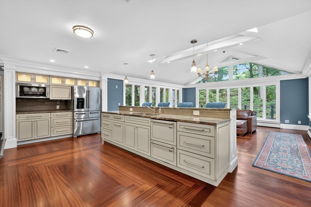 Chandelier, Interior, Kitchen, Pendant Lights, Recessed Lighting, Stainless Steel Appliances, Wood Texture Flooring