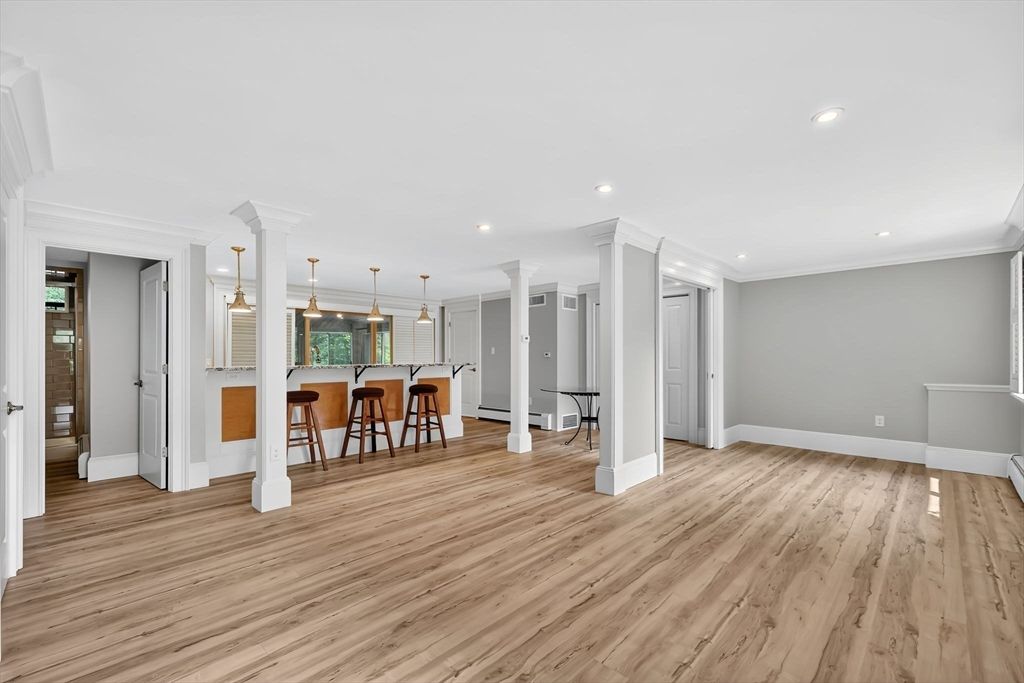 Empty room, Interior, Kitchen, Pendant Lights, Recessed Lighting, Wood Texture Flooring