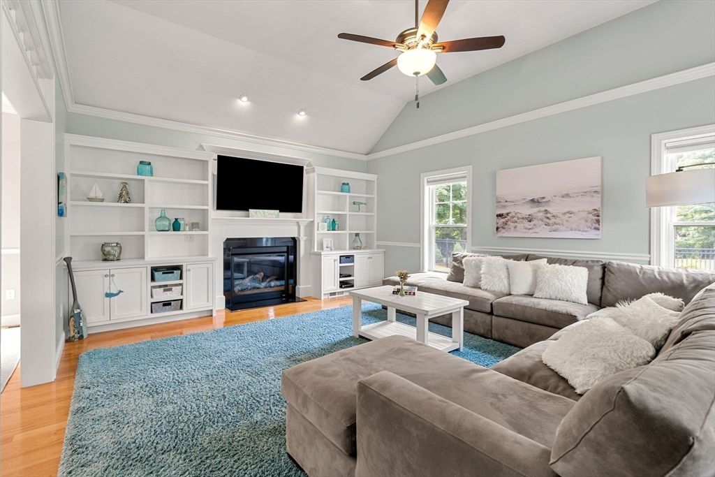 Fireplace, Interior, Living room, Recessed Lighting, Wood Texture Flooring