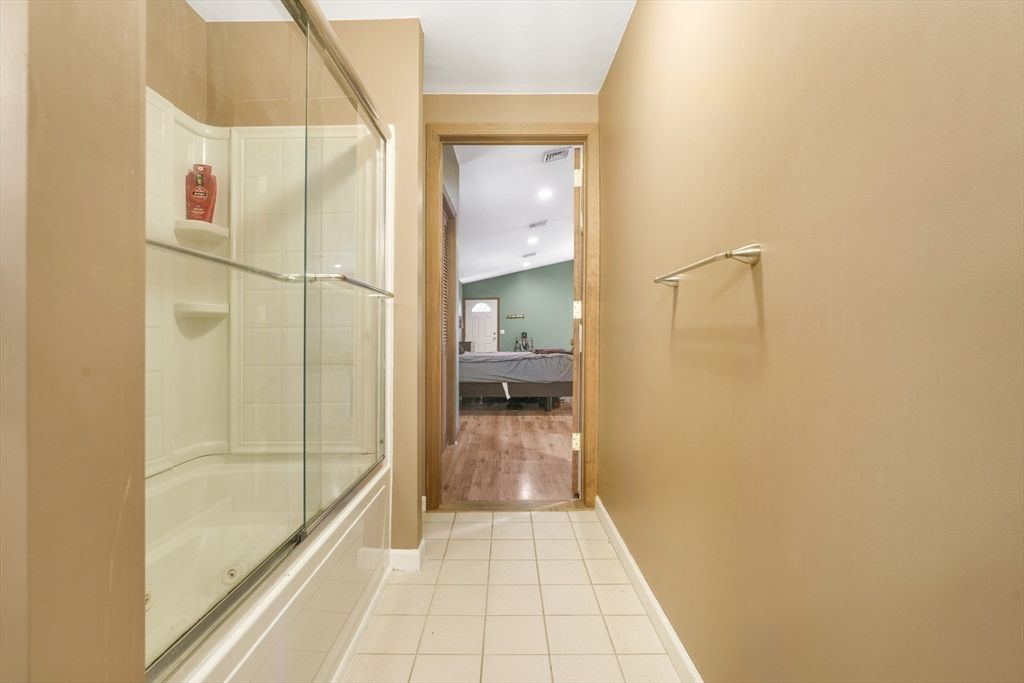 Bathroom, Glass Shower, Interior, Recessed Lighting, Wood Texture Flooring